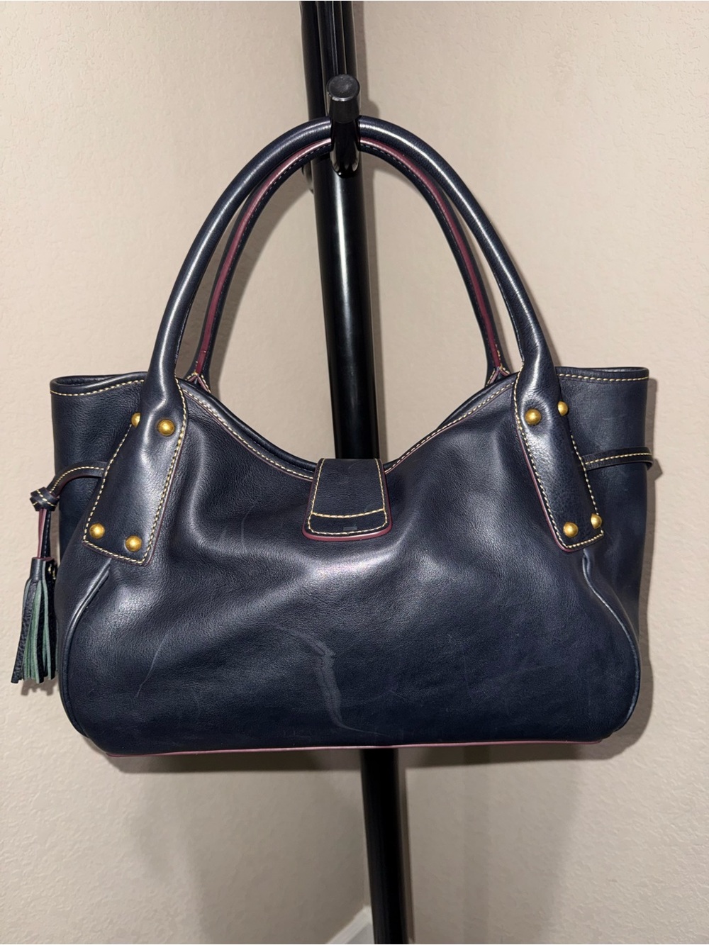 Dooney & Bourke Navy Florentine Leather Logo Lock Gold Hardware - Picture 2 of 14